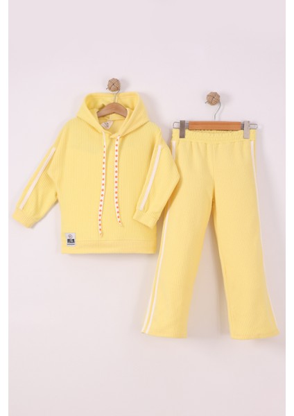Kız Çocuk Çiçek Baskılı Ipli Şeritli Pantolon Fitilli Polar Takım