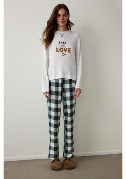 Koyu Yeşil With Love Ekoseli Termal Etkili Pijama Altı