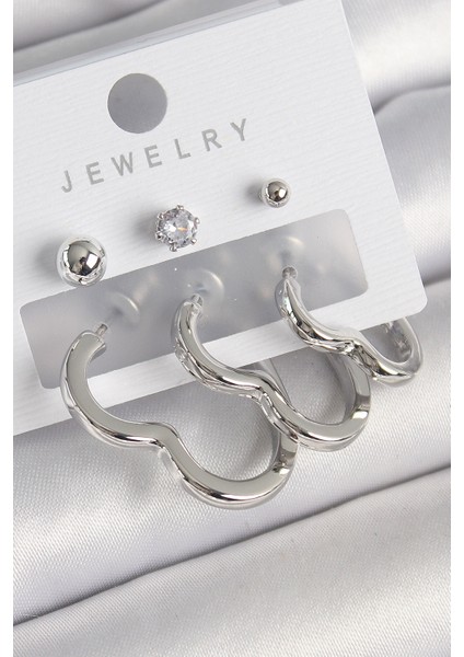 Pirinç Gümüş Renk Kalp Model Zirkon Taş Topçuk Detay Kadın Küpe Seti