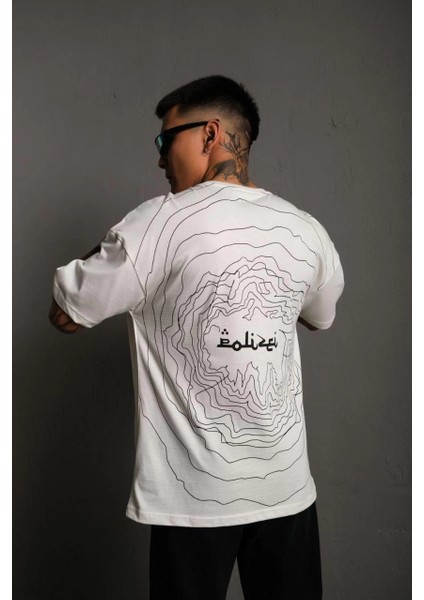 Erkek Bisiklet Yakalı Sırt Baskılı Oversize T-Shirt - Beyaz -Vlmr