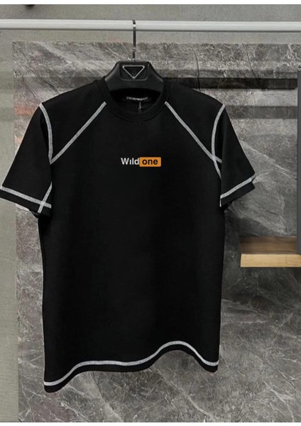 Unisex Dikişli Baskılı Oversize T-Shirt - Siyah -Vlmr