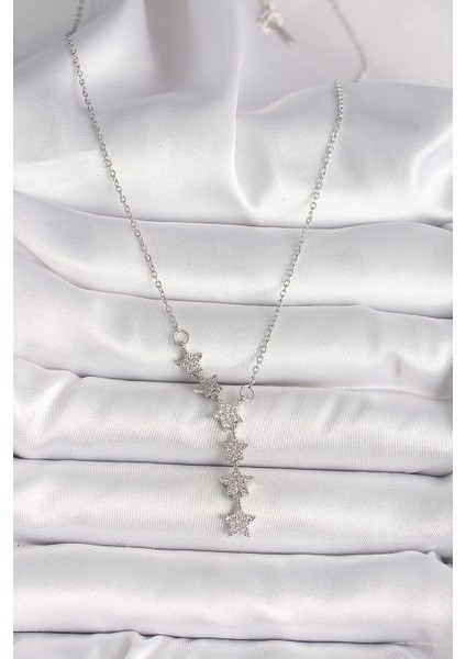 316L Çelik Gümüş Renk Zincir Zirkon Taşlı Yıldız Model Kadın Kolye