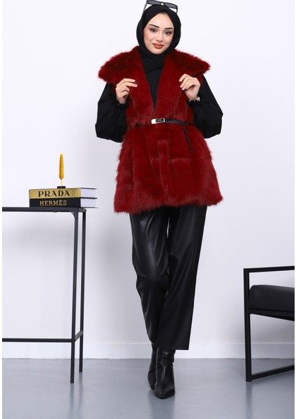 Bordo Astarlı Kemerli Kürk Yelek fiyatları