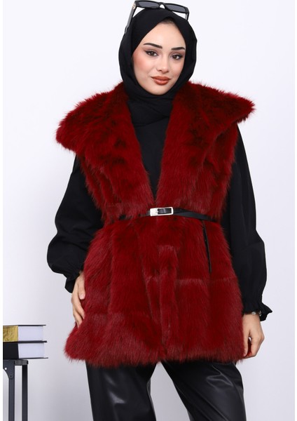 Bordo Astarlı Kemerli Kürk Yelek modelleri