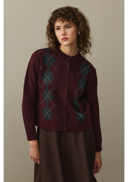 Baklava Desenli Hırka Bordo modelleri