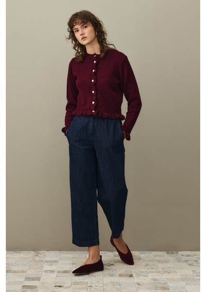 Ince Fırfırlı Tiftik Hırka Bordo