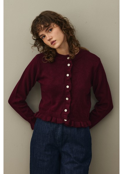 Ince Fırfırlı Tiftik Hırka Bordo modelleri