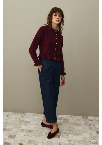 Ince Fırfırlı Tiftik Hırka Bordo indirimleri