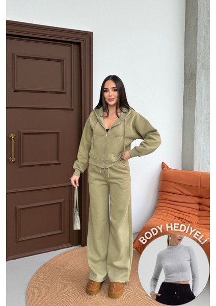 Kadın Çift Fermuar Detaylı Kapüşonlu Kışlık Şardonlu Oversize Eşofman Takımı