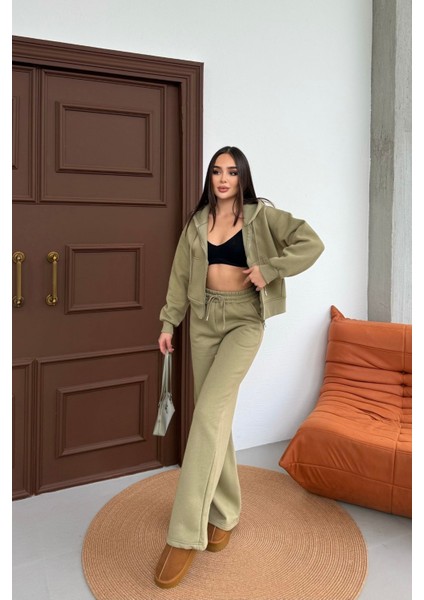 Kadın Çift Fermuar Detaylı Kapüşonlu Kışlık Şardonlu Oversize Eşofman Takımı fiyatları