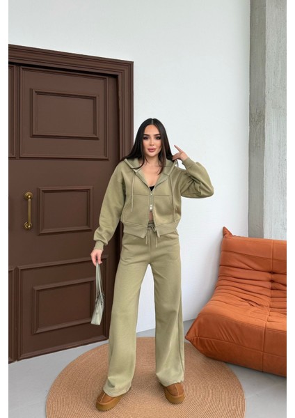 Kadın Çift Fermuar Detaylı Kapüşonlu Kışlık Şardonlu Oversize Eşofman Takımı modelleri