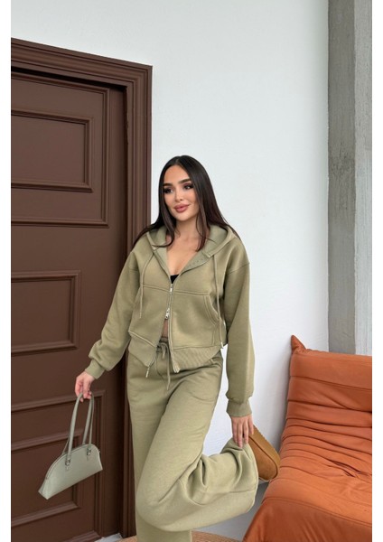 Kadın Çift Fermuar Detaylı Kapüşonlu Kışlık Şardonlu Oversize Eşofman Takımı fırsatları