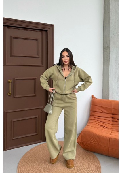 Kadın Çift Fermuar Detaylı Kapüşonlu Kışlık Şardonlu Oversize Eşofman Takımı indirimleri