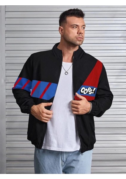 Unisex Uzun Koll Fermuarlı Baskılı Rüzgarlik - Siyah -Vlmr