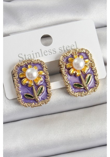 Pirinç Mor Mineli Papatya Figürlü Sanatsal Portre Model Gold Renk Kadın Küpe