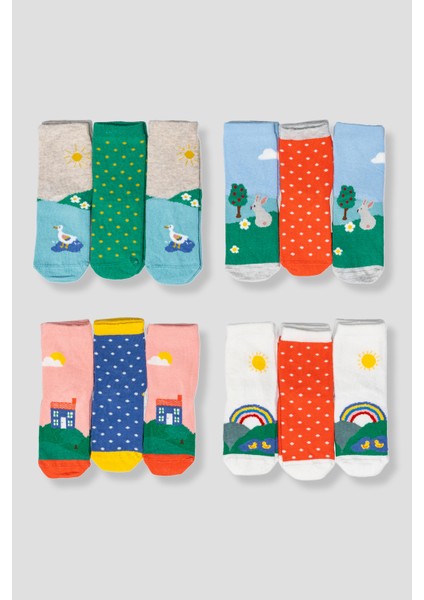 12 Çift Pamuklu & Desenli Kız Çocuk ve Bebek Soket Çorap