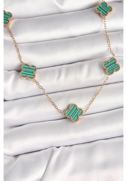 316L Çelik Gold Renk Zincir Yeşil Yonca Model Kadın Kolye fiyatları