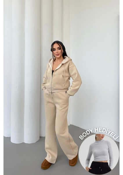 Kadın Çift Fermuar Detaylı Kapüşonlu Kışlık Şardonlu Oversize Eşofman Takımı