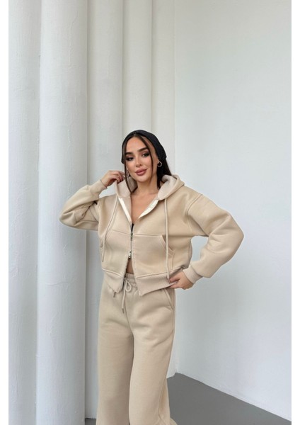 Kadın Çift Fermuar Detaylı Kapüşonlu Kışlık Şardonlu Oversize Eşofman Takımı fiyatları