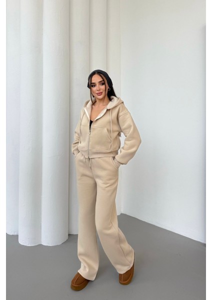 Kadın Çift Fermuar Detaylı Kapüşonlu Kışlık Şardonlu Oversize Eşofman Takımı modelleri