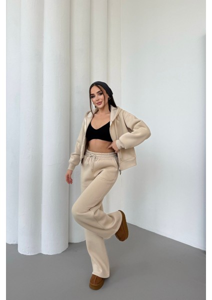 Kadın Çift Fermuar Detaylı Kapüşonlu Kışlık Şardonlu Oversize Eşofman Takımı fırsatları