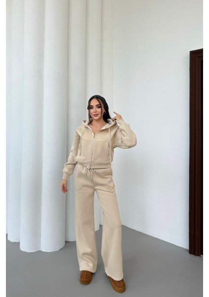 Kadın Çift Fermuar Detaylı Kapüşonlu Kışlık Şardonlu Oversize Eşofman Takımı indirimleri