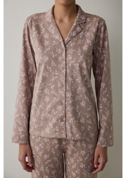 Bej Flower Time Gömlek Yaka Pamuklu Uzun Kollu Pijama Takımı modelleri