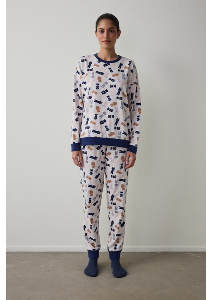 Açık Pembe Pijama Time Bisiklet Yaka Pamuklu Uzun Kollu Pijama Takımı