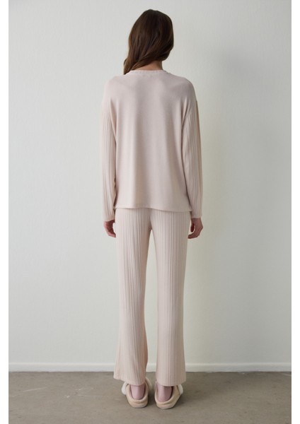 Bej Melanj Coziness Bisiklet Yaka Uzun Kollu Pijama Takımı modelleri