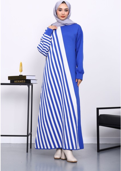 Saks Mavi Çizgili Triko Elbise fiyatları