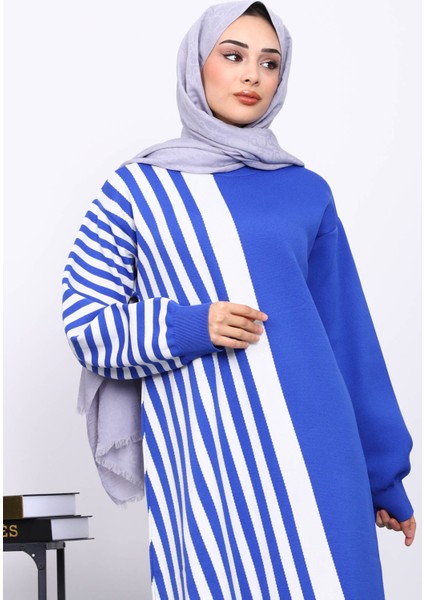 Saks Mavi Çizgili Triko Elbise modelleri