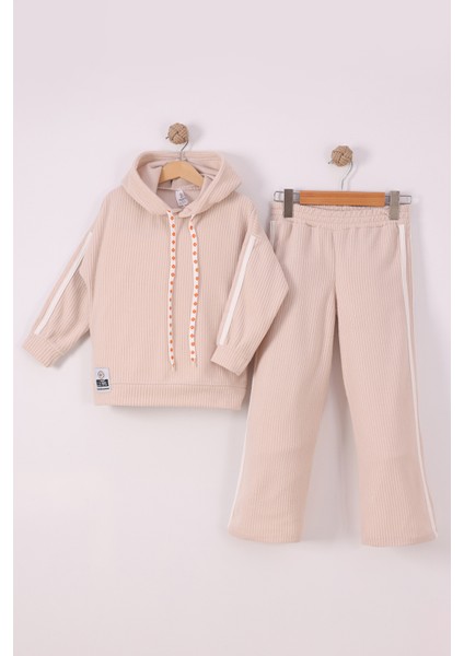 Kız Çocuk Çiçek Baskılı Ipli Şeritli Pantolon Fitilli Polar Takım