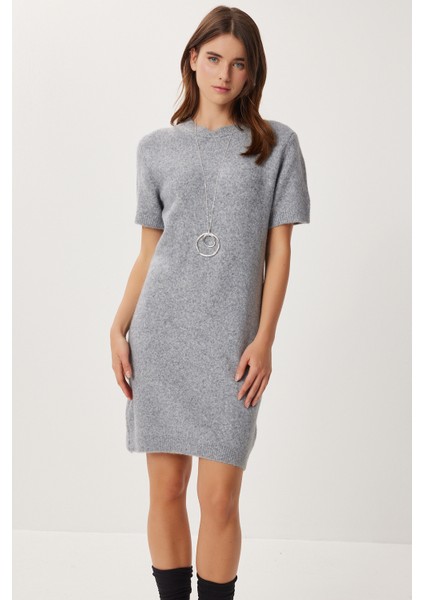 Yün Karışımlı Basic Triko Elbise LAN0084 Gri