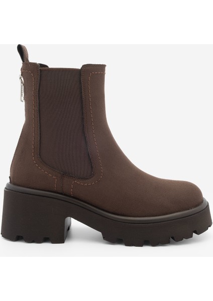 Kadın Kalın Topuklu Aksesuar Fermuarlı Lastikli Günlük Bot Fenros Kahve Süet modelleri