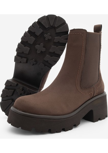 Kadın Kalın Topuklu Aksesuar Fermuarlı Lastikli Günlük Bot Fenros Kahve Süet
