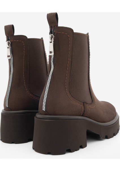 Kadın Kalın Topuklu Aksesuar Fermuarlı Lastikli Günlük Bot Fenros Kahve Süet