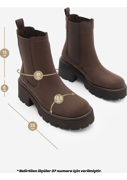 Kadın Kalın Topuklu Aksesuar Fermuarlı Lastikli Günlük Bot Fenros Kahve Süet