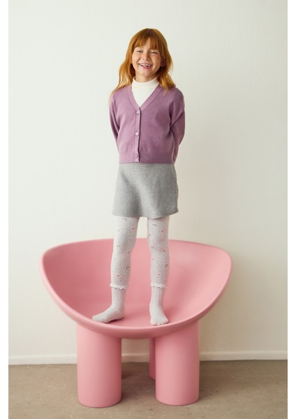 Açık Gri Kız Çocuk Fırfırlı Çiçekli 100 Denye Pamuklu Külotlu Çorap