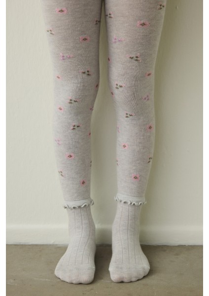 Açık Gri Kız Çocuk Fırfırlı Çiçekli 100 Denye Pamuklu Külotlu Çorap fırsatları
