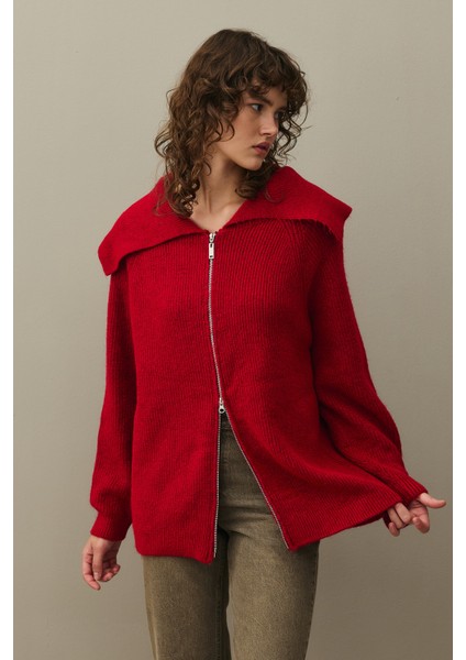 Fermuar Detaylı Hırka Kırmızı modelleri