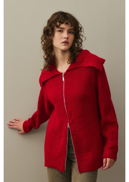 Fermuar Detaylı Hırka Kırmızı fırsatları