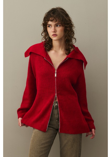 Fermuar Detaylı Hırka Kırmızı indirimleri