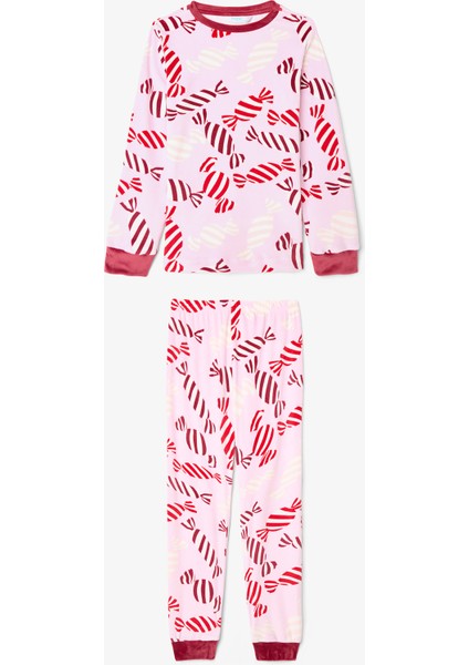 Pembe Kız Çocuk Candy Yeni Yıl Desenli Yumuşak Dokulu Pijama Takımı