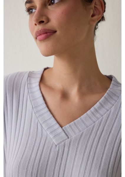 Açık Gri Melanj Cozy V Yaka Uzun Kollu Pijama Takımı modelleri