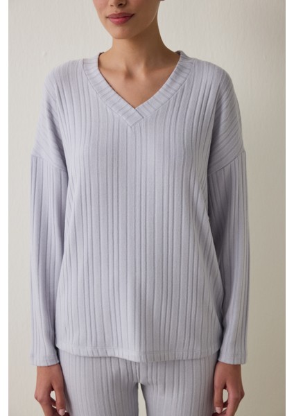 Açık Gri Melanj Cozy V Yaka Uzun Kollu Pijama Takımı fırsatları