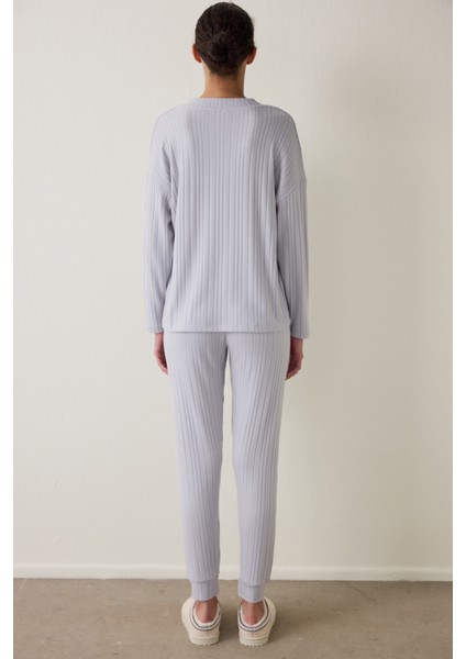Açık Gri Melanj Cozy V Yaka Uzun Kollu Pijama Takımı indirimleri