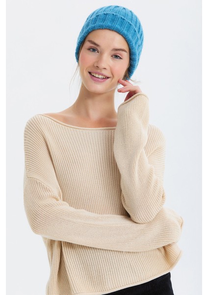 Örgü Katlamalı Unisex Kışlık Bere Mavi