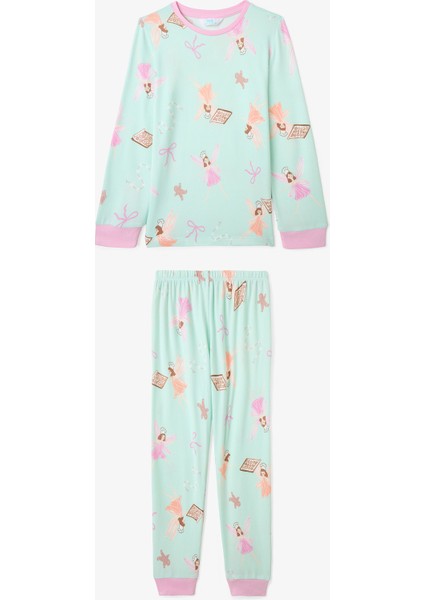 Açık Mint Kız Çocuk Peri Baskılı Uzun Kollu Pijama Takımı