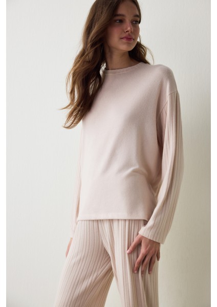 Bej Melanj Coziness Bisiklet Yaka Uzun Kollu Pijama Takımı