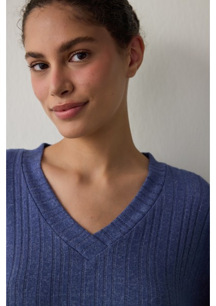 Lacivert Cozy V Yaka Uzun Kol Pijama Takımı modelleri